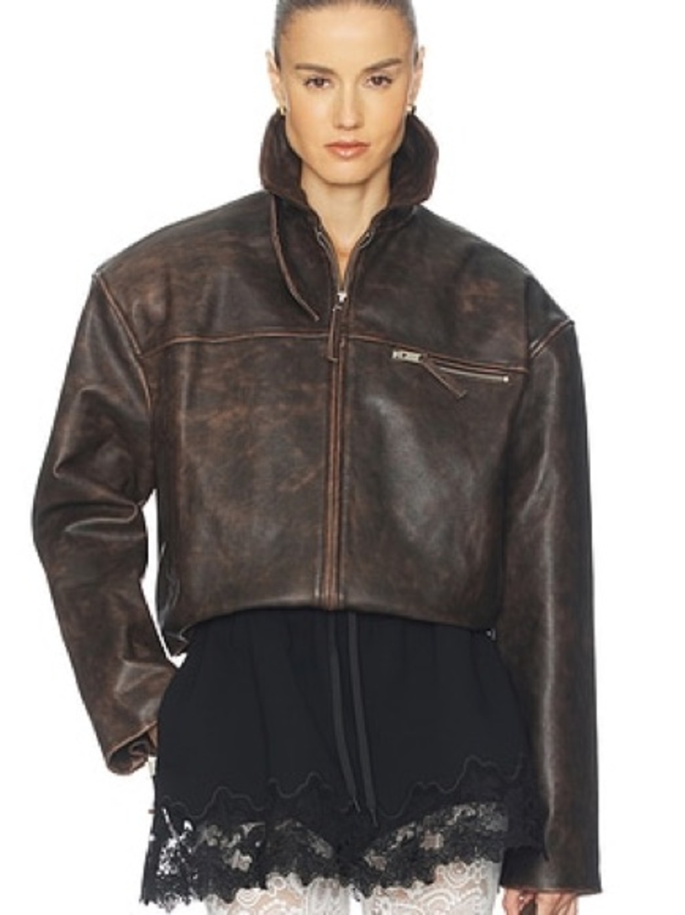Helsa. NWT. Premium Women's DK Brown Designer Distressed Leather Zip-Up Jkt.MED